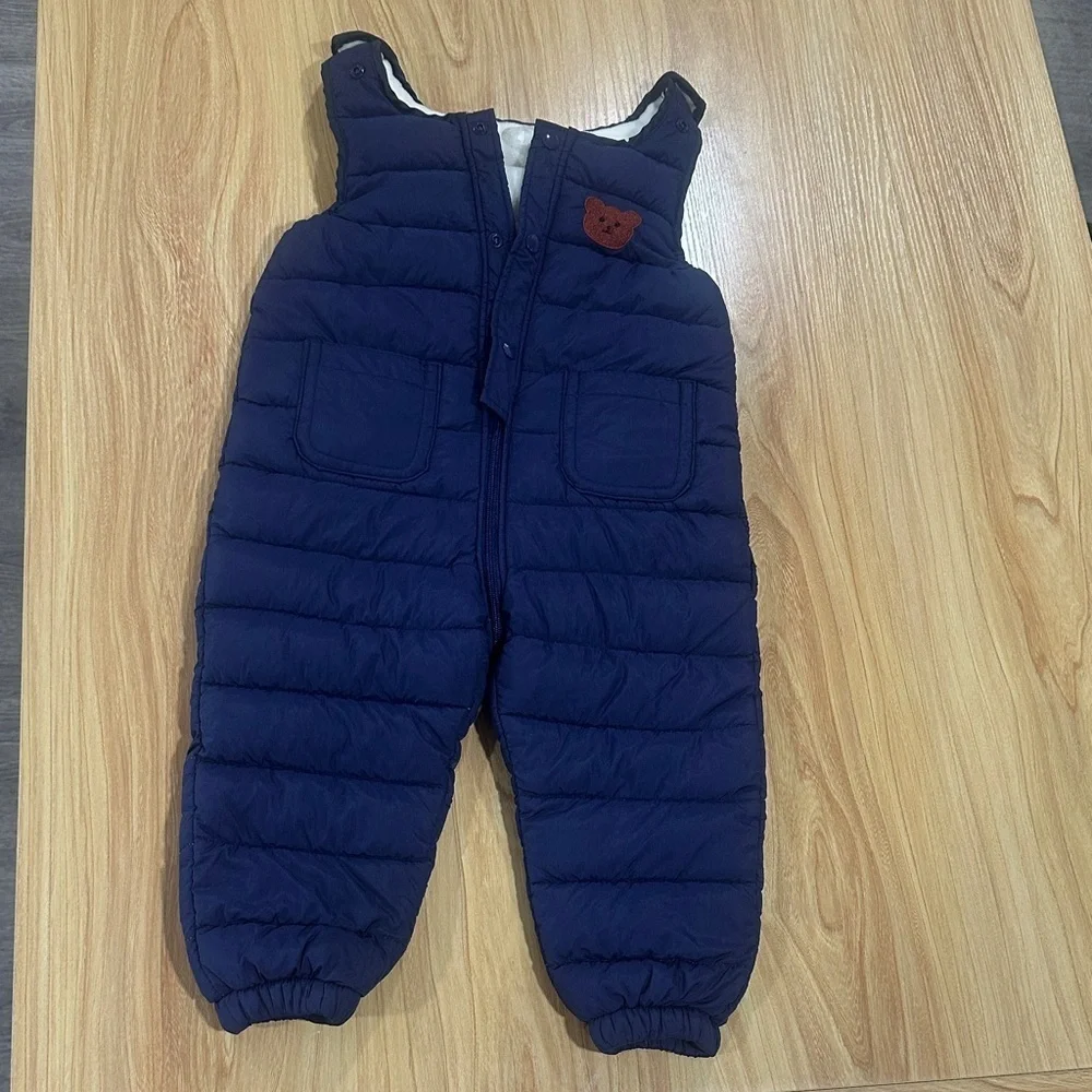 Navy Blue Puffer Overalls with Bear Patch
